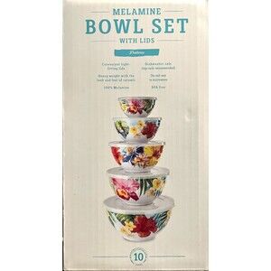 NIB 10pc Melamine Nesting Bowls Set w/Lids Colorful Tropical Floral Nonslip Base
